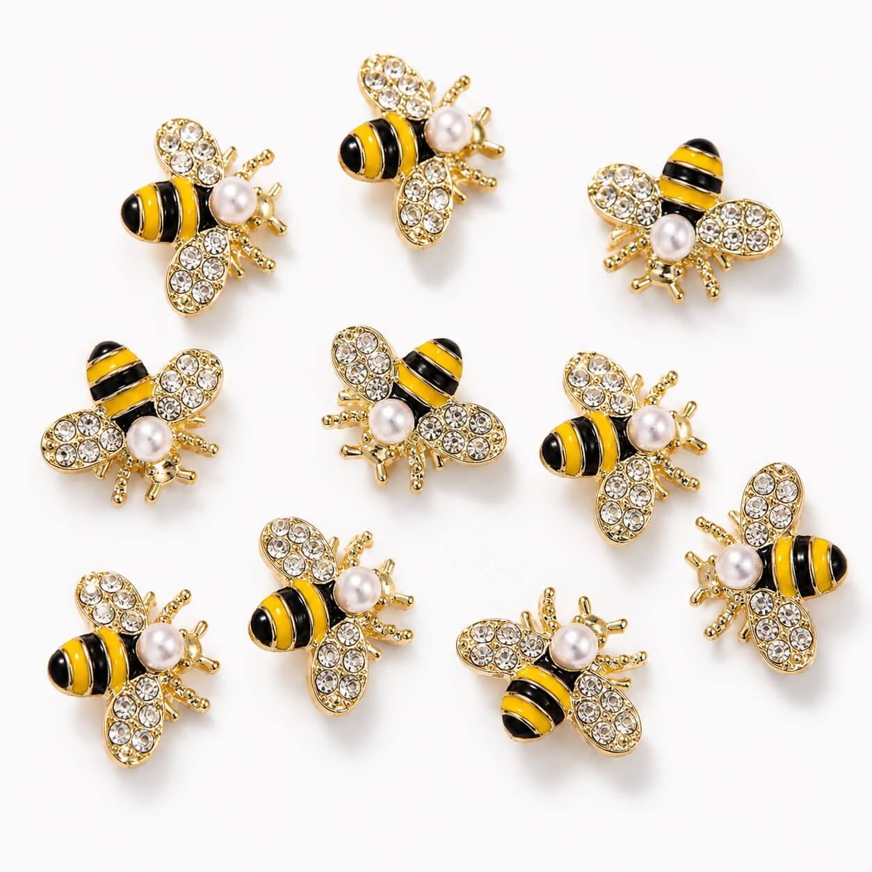 Gold 3D crystal bee nail charms with pearl accents for nail art, 10 pcs
