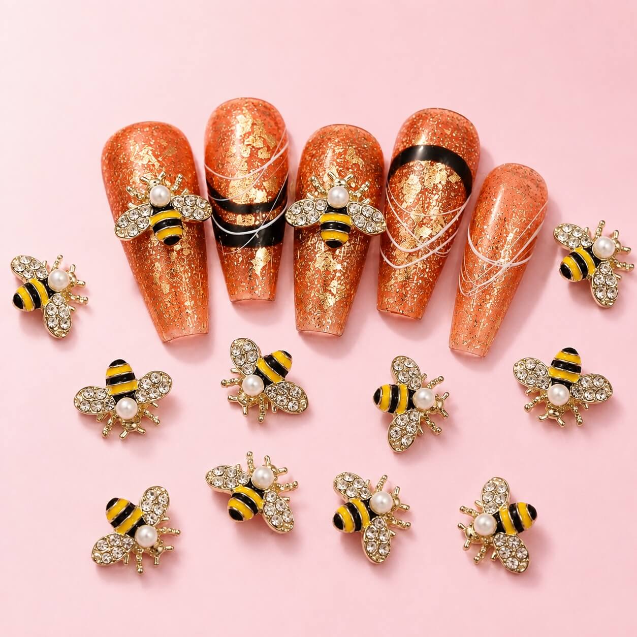 Add a playful yet luxurious accent to your nail designs with these 3D Crystal Bee Nail Charms.