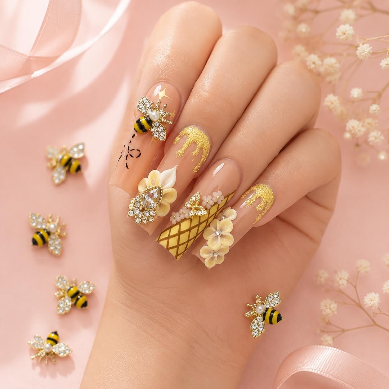 Each bee features a gold-tone frame, sparkling crystal wings, black and yellow enamel details, and a pearl accent for an elegant jewelry-inspired finish.
