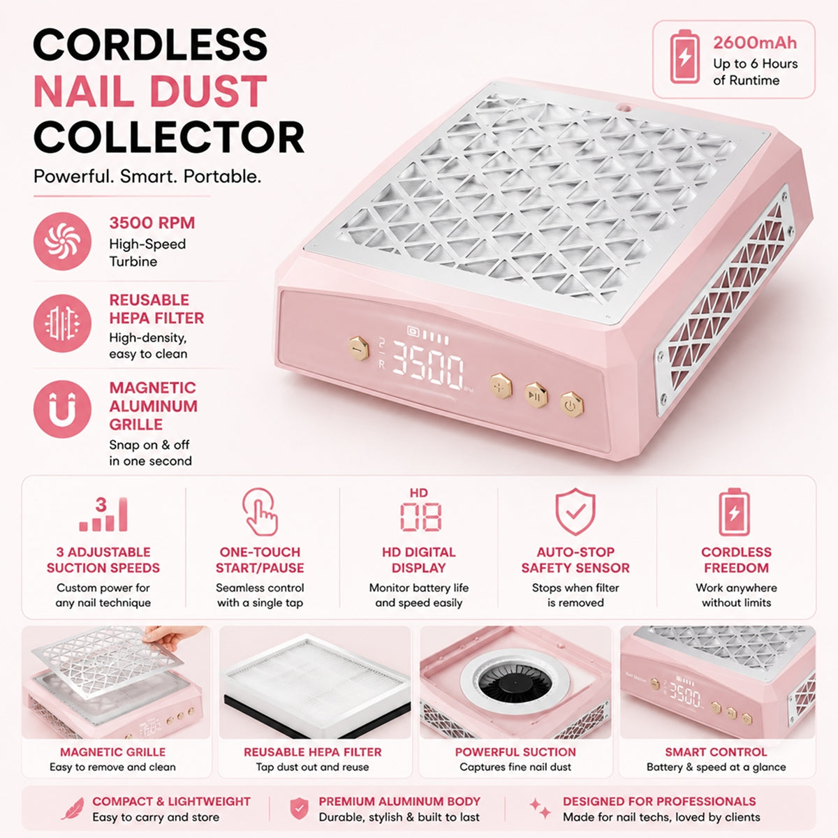 Nail technician using a portable dust collector filing acrylic nails