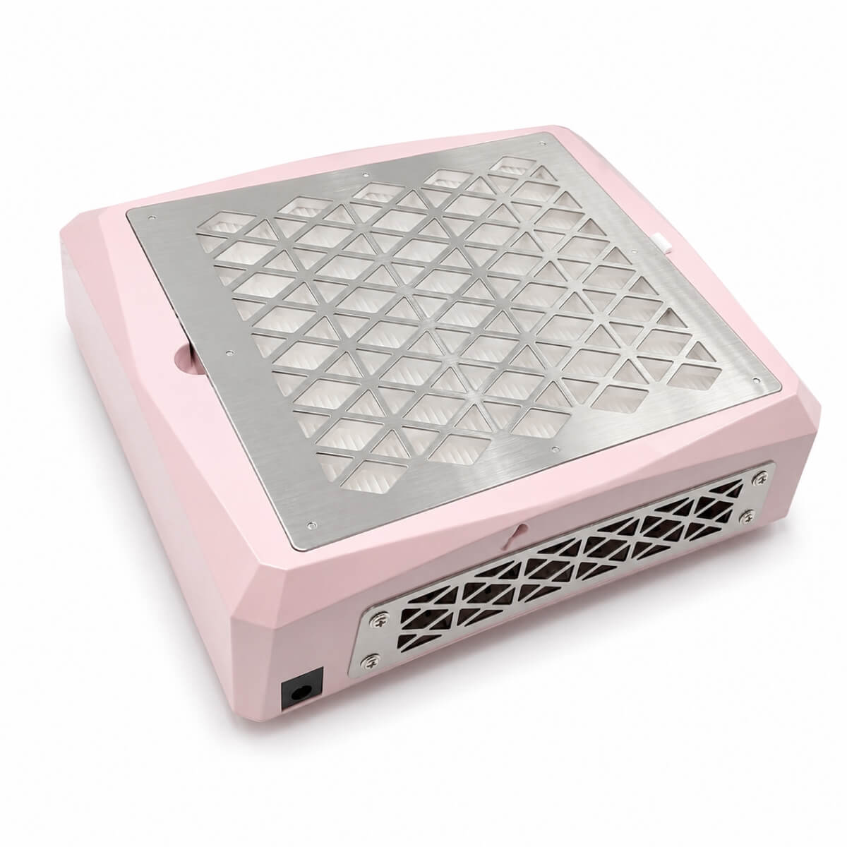 Pink nail dust collector next to a power adapter and user manual