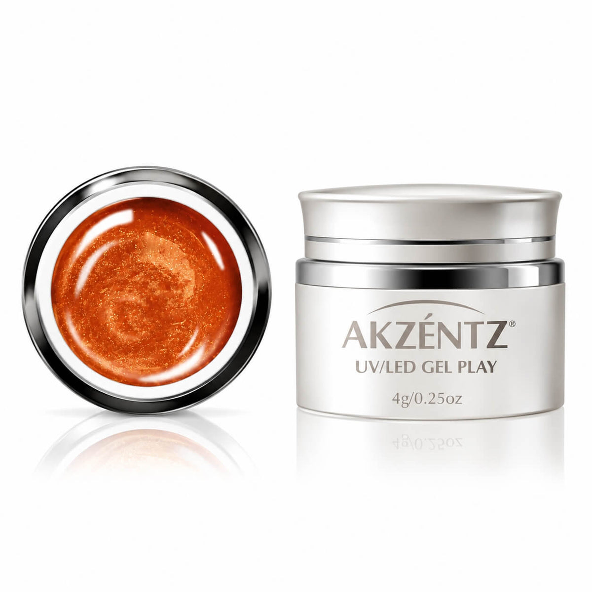 Akzentz Gel Play Glitter Copper Dust, 4g, copper glitter swatch on nail tip