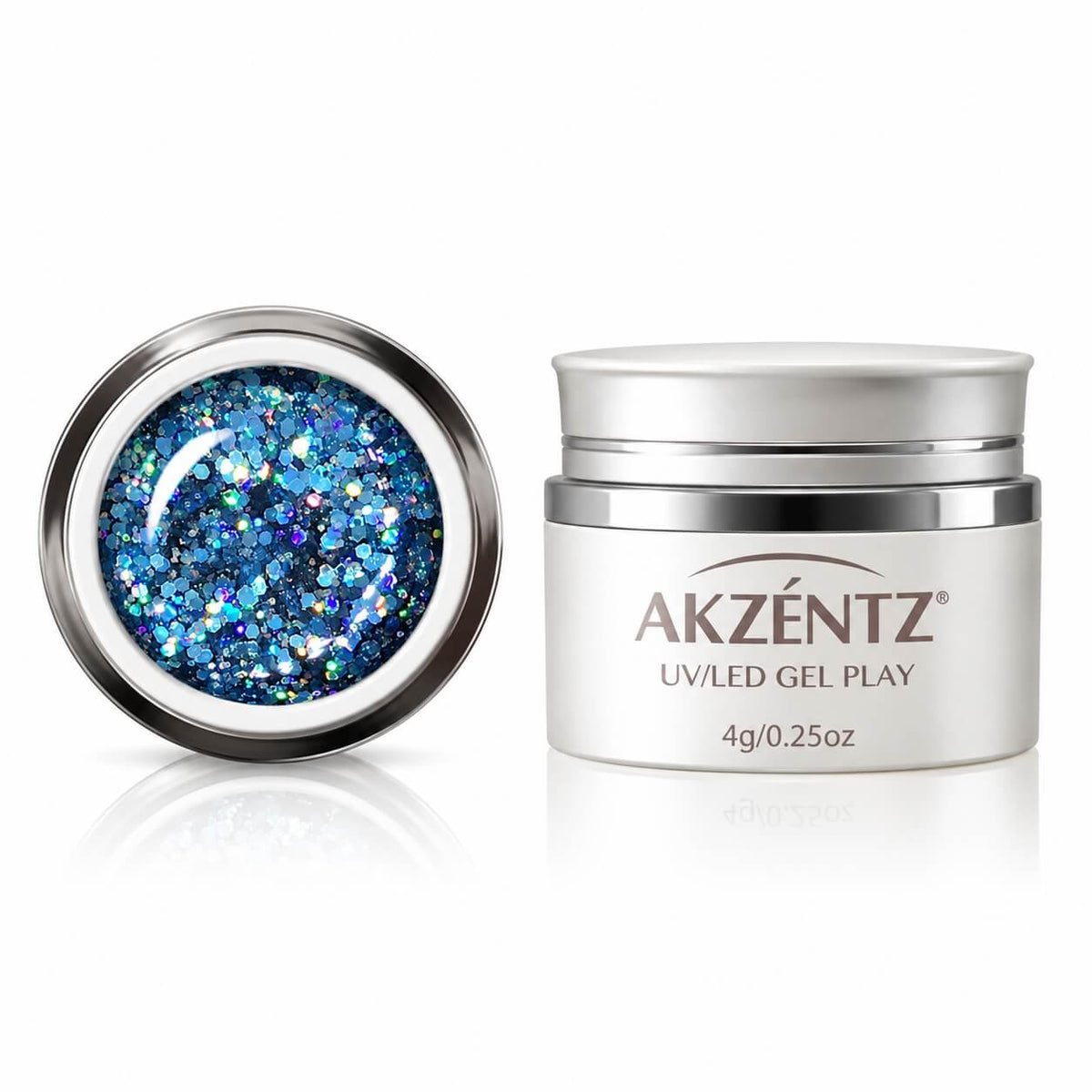 Akzentz Gel Play Glitter Crush Blue, 4g, layered over a base color