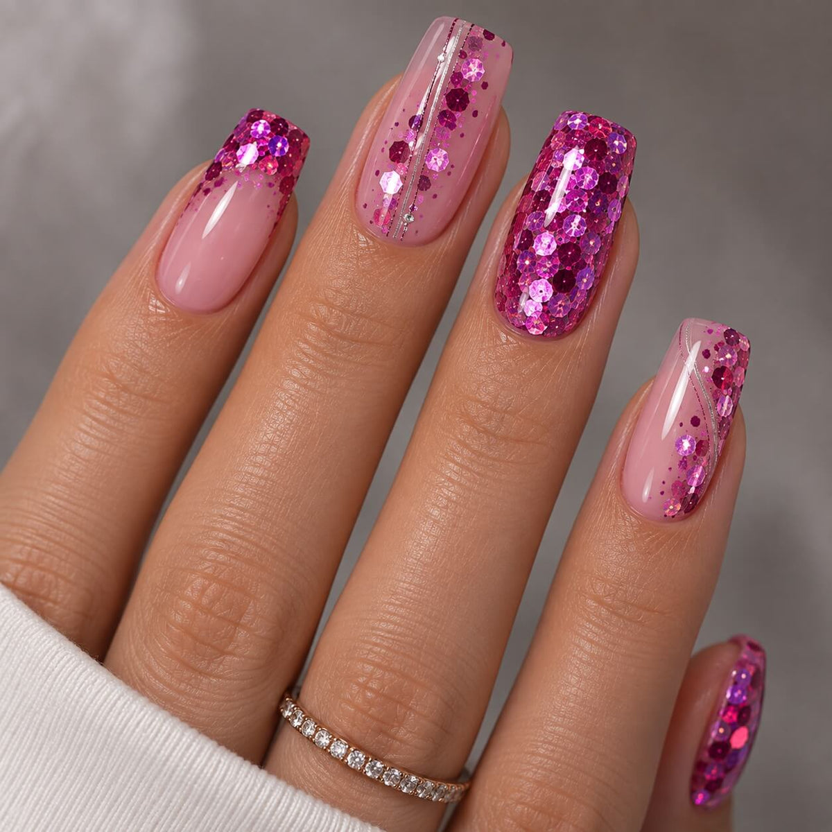 Akzentz Gel Play Glitter Crush Magenta, 4g, layered over a base color