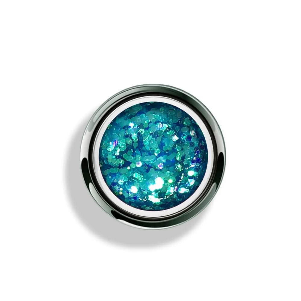 Akzentz Gel Play Glitter Crush Teal, 4g, open pot with chunky glitter texture visible