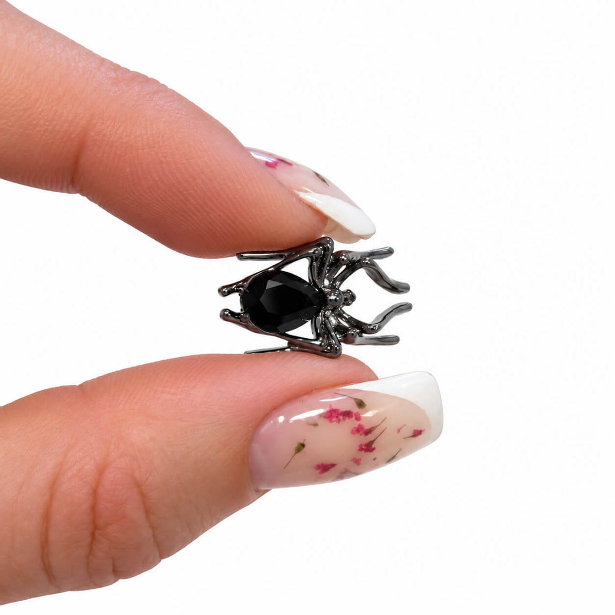Alloy Metal Spider Nail Ornament Black, applied to a nail tip