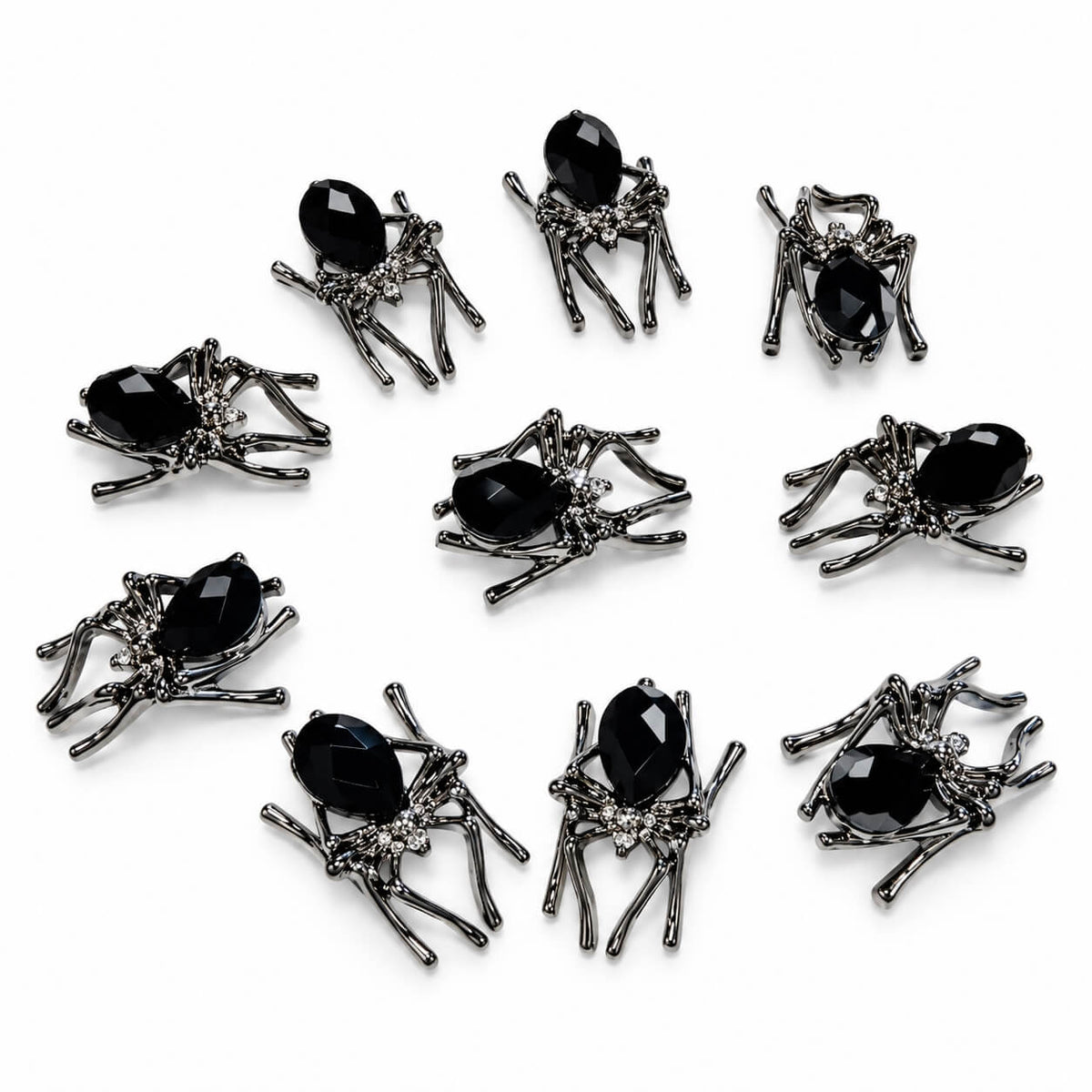 Alloy Metal Spider Nail Ornament Black, single charm close-up with faceted gem