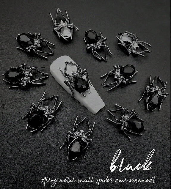 Alloy Metal Spider Nail Ornament Black, full set of 10pcs displayed