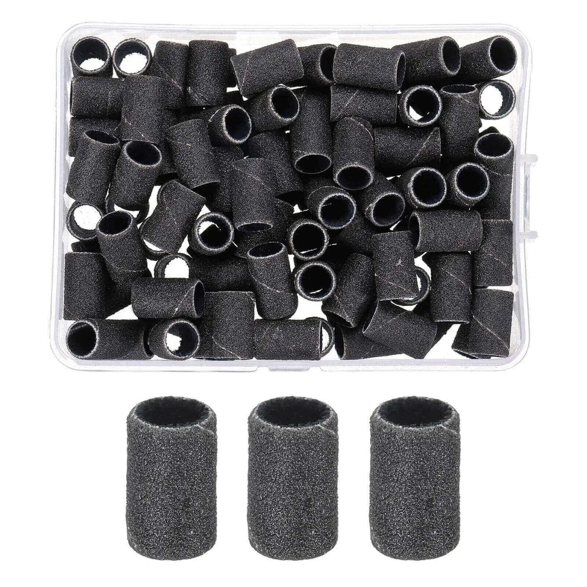 Black abrasive sanding bands in a clear plastic box