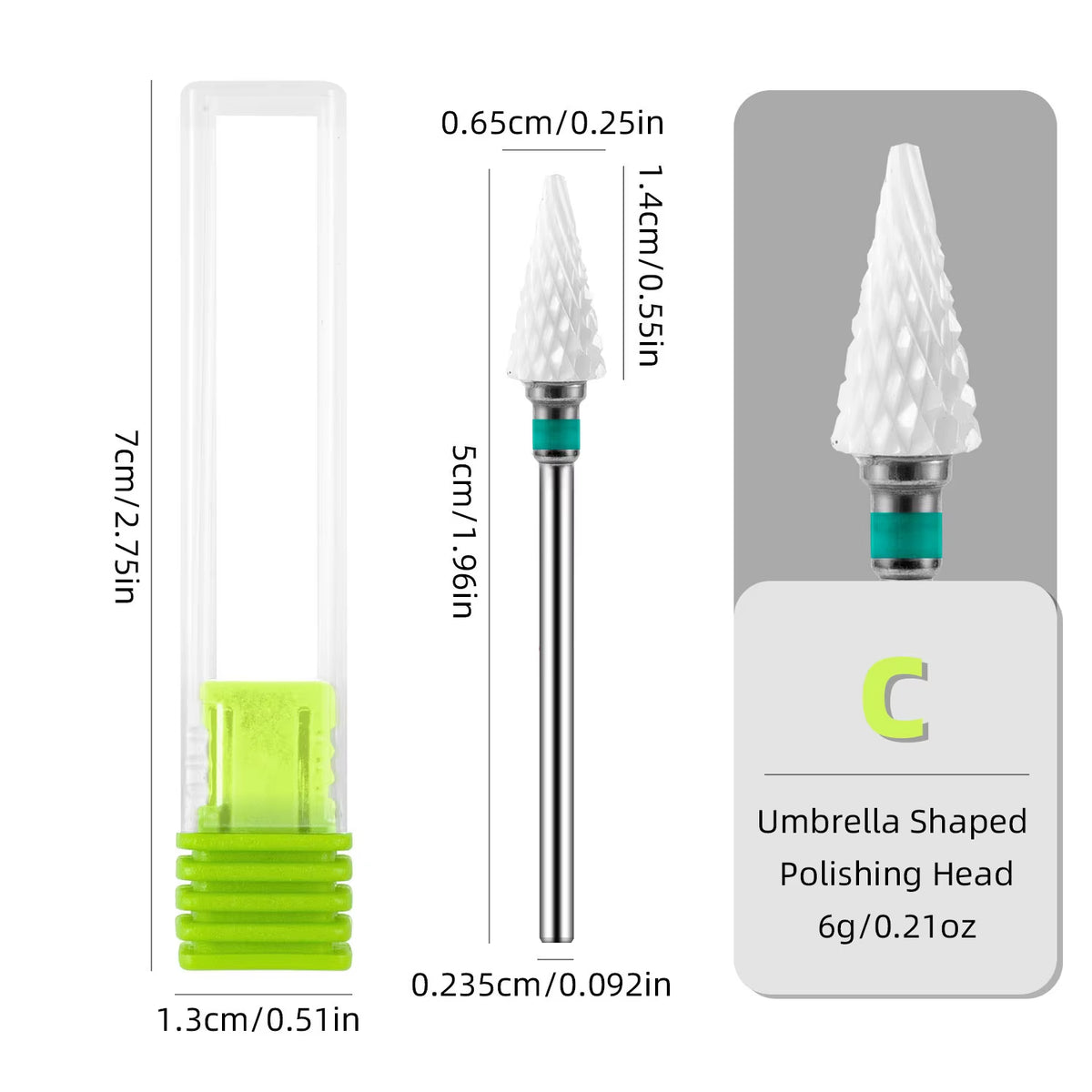 KVADRO Ceramic Nail Bit, Umbrella Shape, Green C #411 - Rough Grit, 1.4 cm Head, 5 cm Long