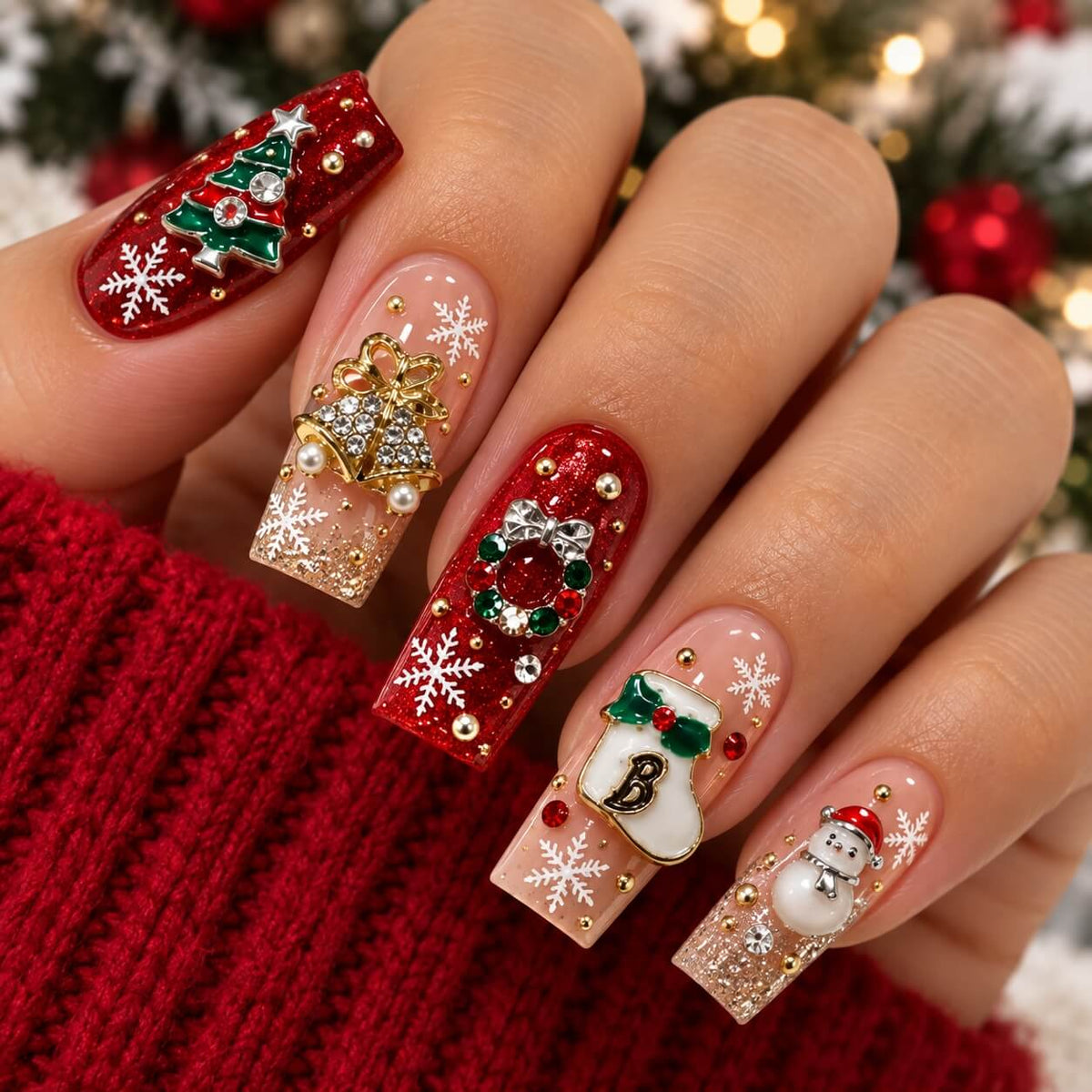 Assorted Christmas nail charms featuring trees, bells, snowmen, stockings and wreaths