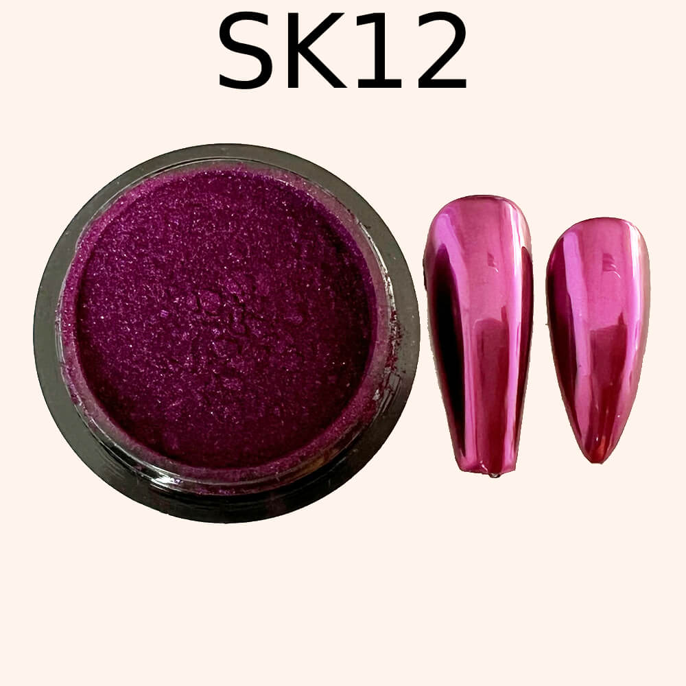 Sixteen jars of chrome nail powder with mirror nail swatches and shade codes