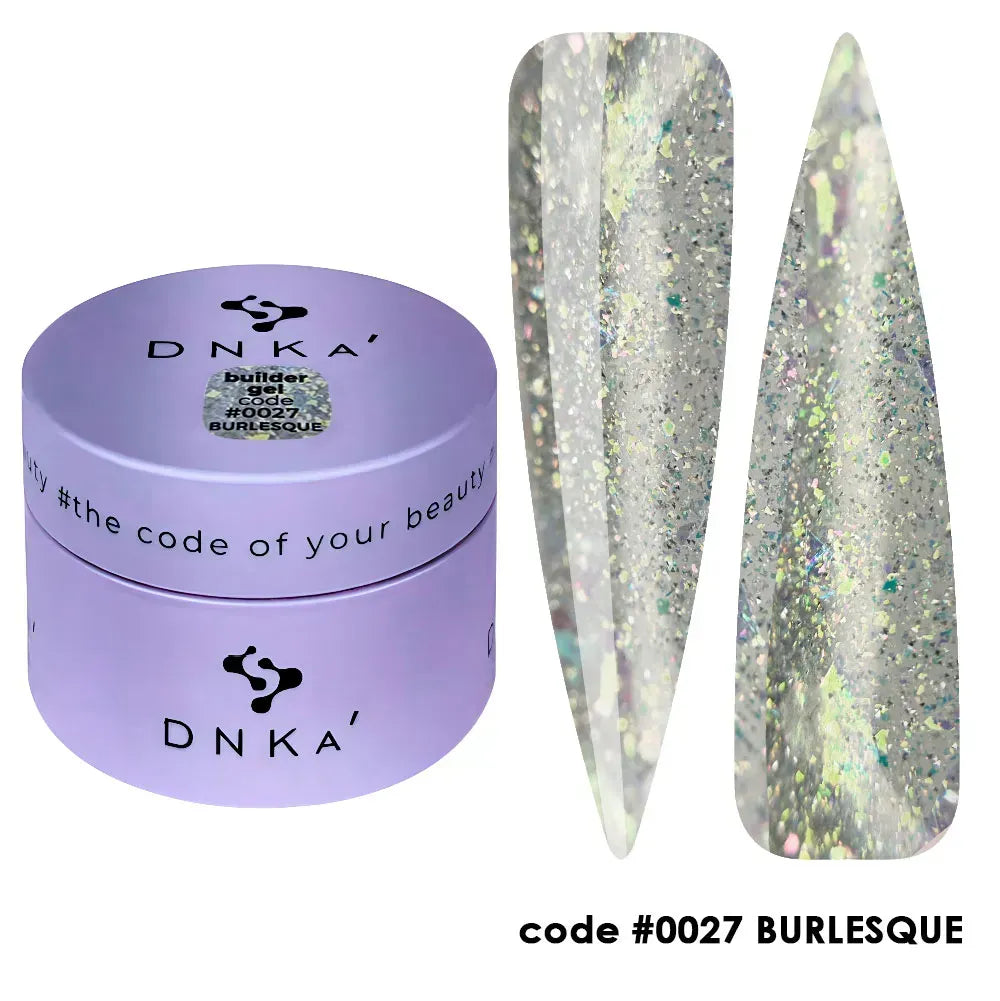 30ml — DNKa Builder Gel #0027 Burlesque — closed jar, silver glitter translucent gel