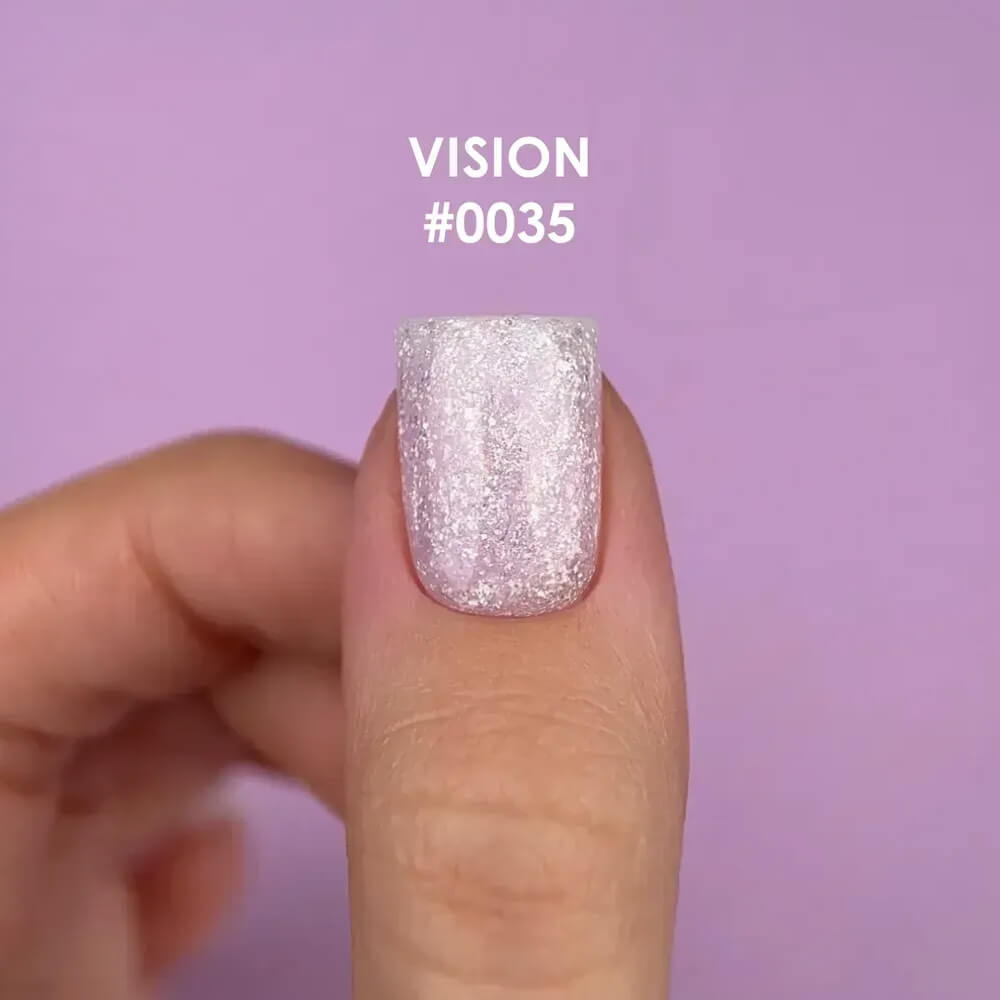 DNKa Builder Gel #0035 Vision — swatch on nail tip, lilac shimmer builder gel