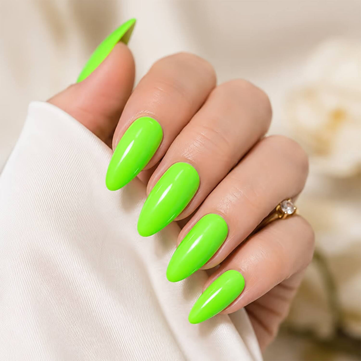 Lime-green tone of DNKa Builder Gel #0050 Dopamine swatched on nails