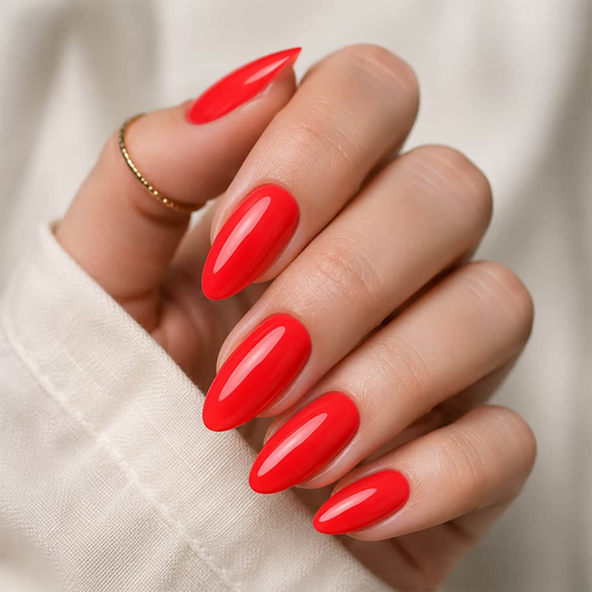Bright red shade of DNKa Builder Gel #0058 Dopamine swatched on nails