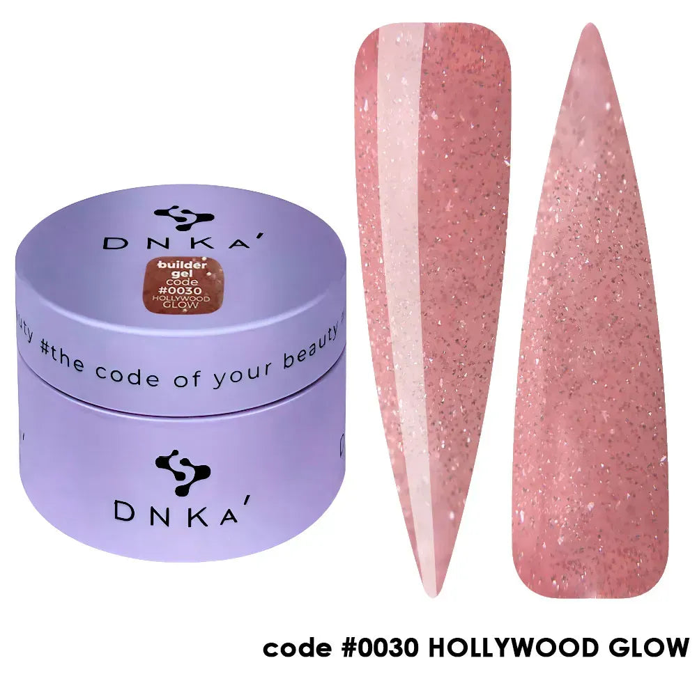 DNKa Builder Gel Hollywood Glow #0030 — swatch on nail tip, reflective pink glitter