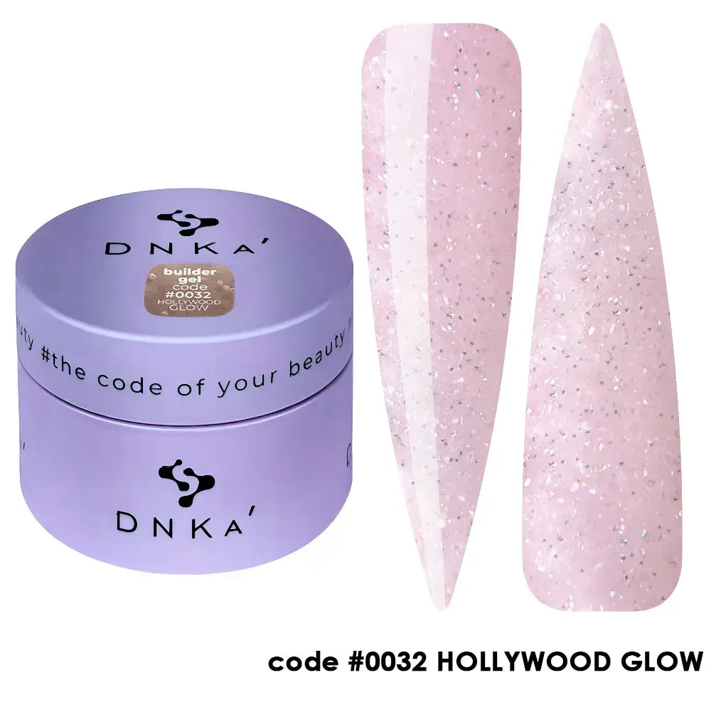DNKa Builder Gel Hollywood Glow #0032 — swatch on nail tip, reflective light pink glitter