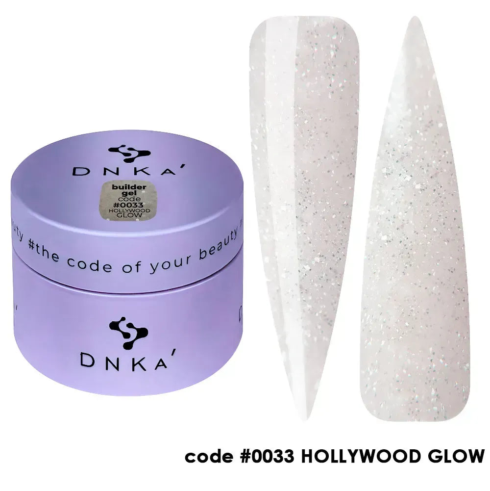 DNKa Builder Gel Hollywood Glow #0033 — swatch on nail tip, reflective gray-milk glitter