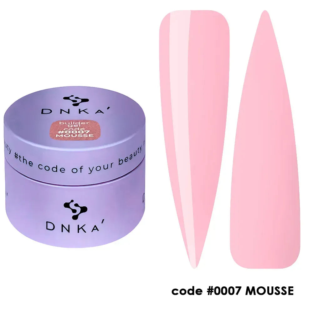DNKa Builder Gel Mousse #0007 — swatch on nail tip, pink modeling gel