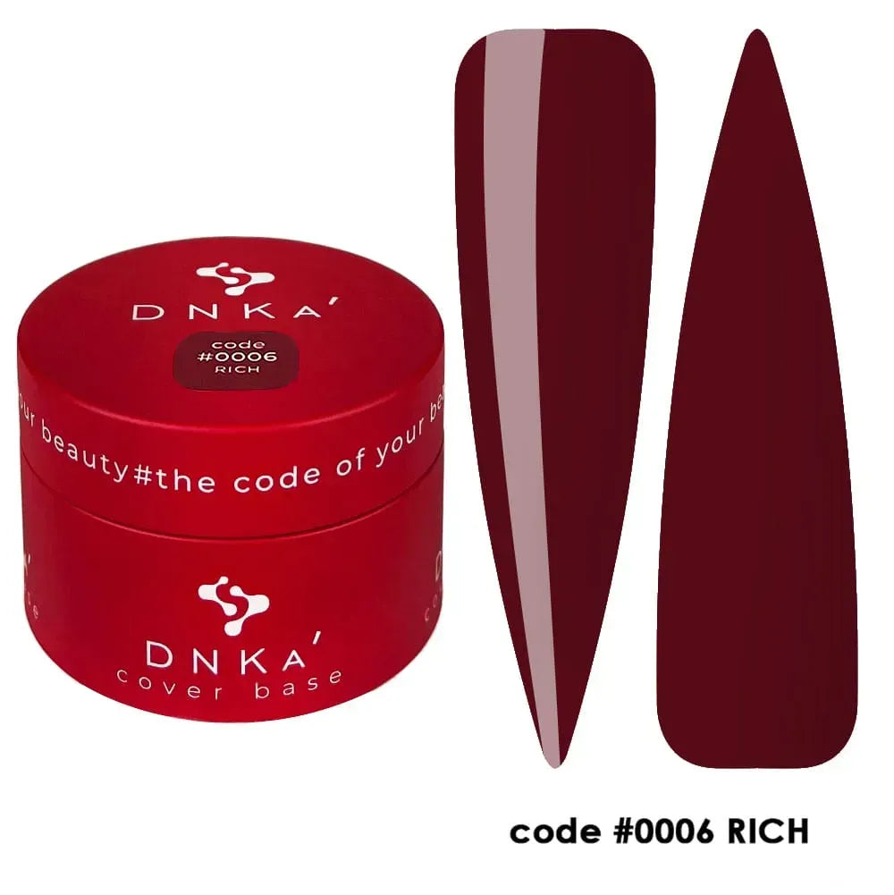 Close-up swatch of the burgundy finish of DNKa Cover Base #0006 Rich