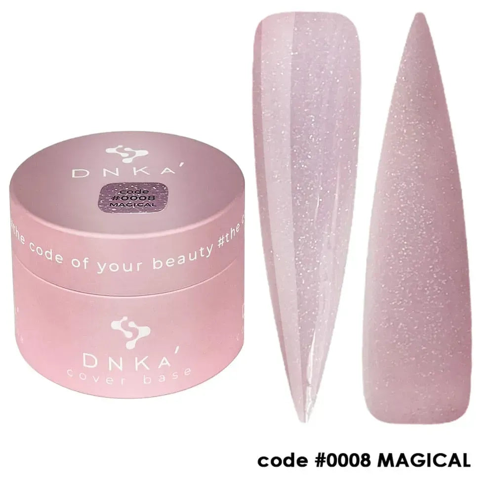 Finished manicure using DNKa Cover Base #0008 Magical under a LED lamp