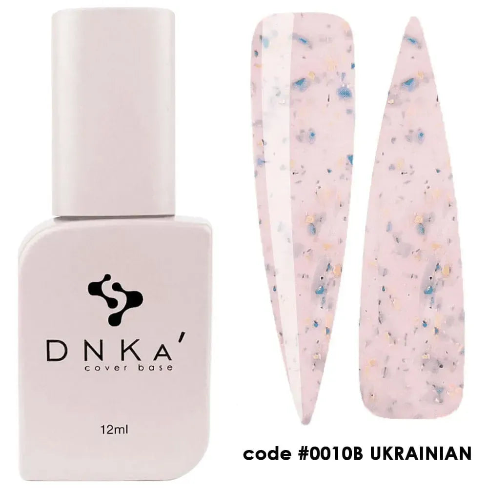 Finished manicure using DNKa Cover Base #0010B Ukrainian under a LED lamp
