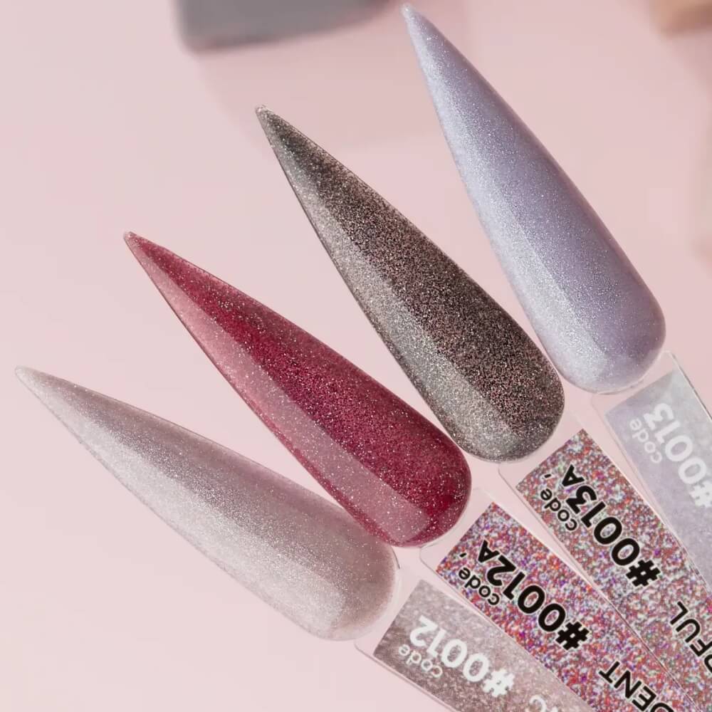 Close-up swatch showing the silver shimmer in DNKa Cover Base #0012 Shining