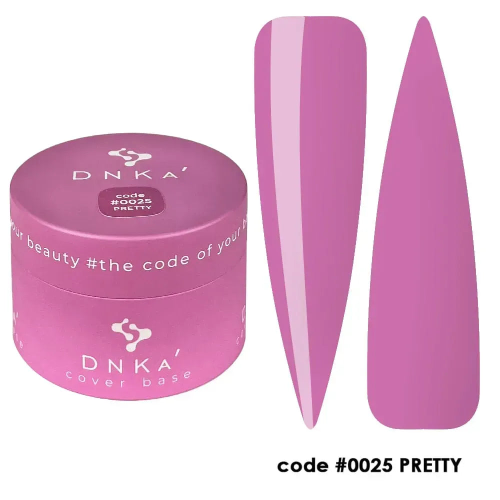 DNKa Cover Base #0025 Pretty Pink bottle held next to a manicured hand