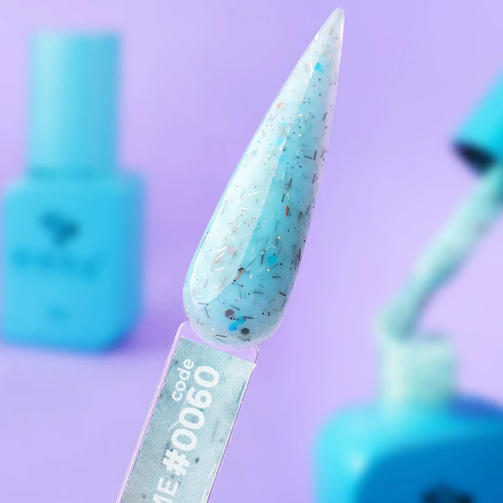 Close-up swatch showing the celeste blue tone and decorated fleck texture