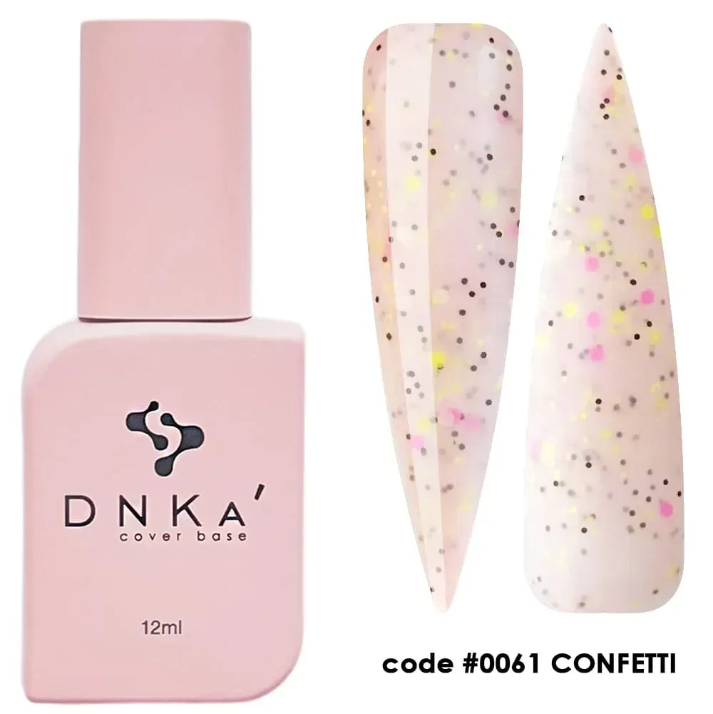 Closed 12ml bottle of DNKa Cover Base #0061 Confetti in light pink with yellow and black flecks