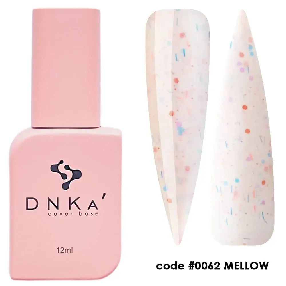 Closed 12ml bottle of DNKa Cover Base #0062 Mellow in milky pink with matte multicolor glitter