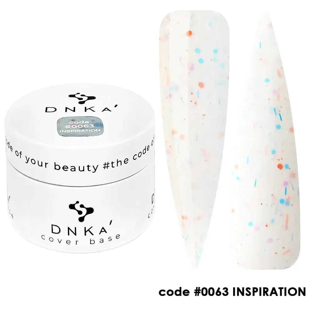 30ml Inspiration bottle in milky white with multicolor glitter, paired with a DNKa top coat