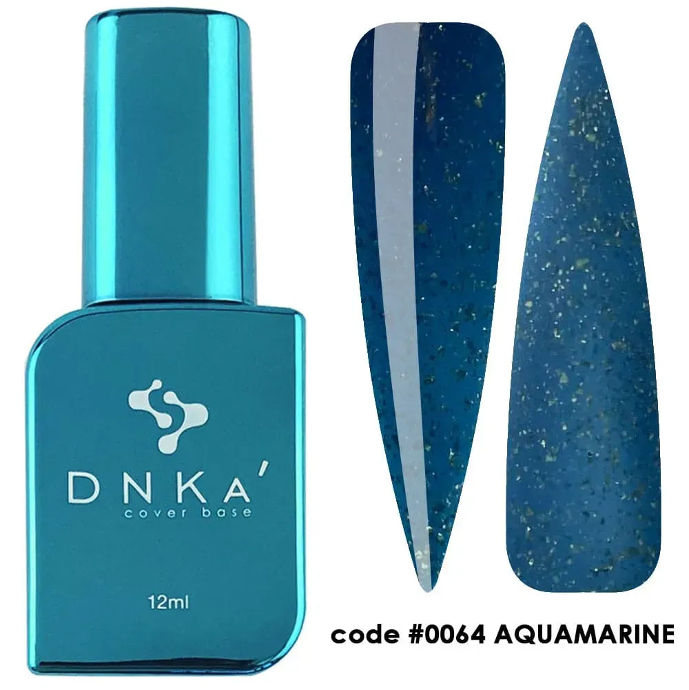 Closed 12ml bottle of DNKa Cover Base #0064 Aquamarine in blue-green with gold leaf