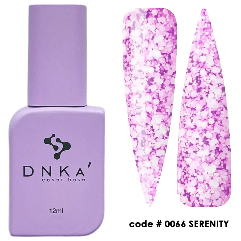 Closed 12ml bottle of DNKa Cover Base #0066 Serenity in bright lilac with polygon flecks