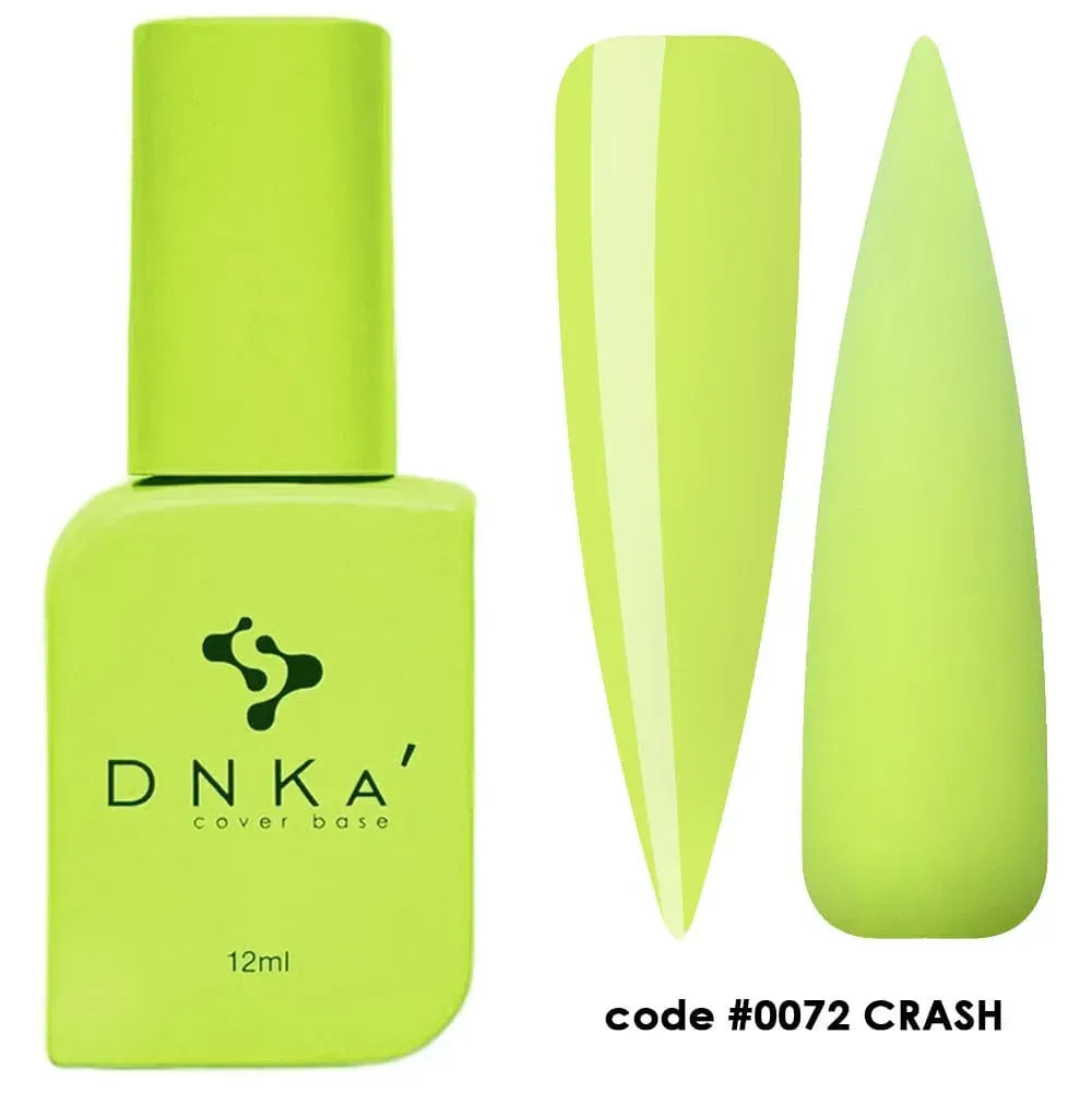 DNKa Cover Base #0072 Crash, 12ml bottle standing closed, showing solid neon lemon yellow