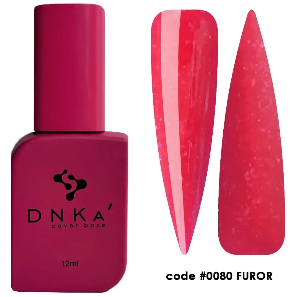 12ml DNKa Cover Base Furor bottle photographed upright, pink and gold tones visible through the glass