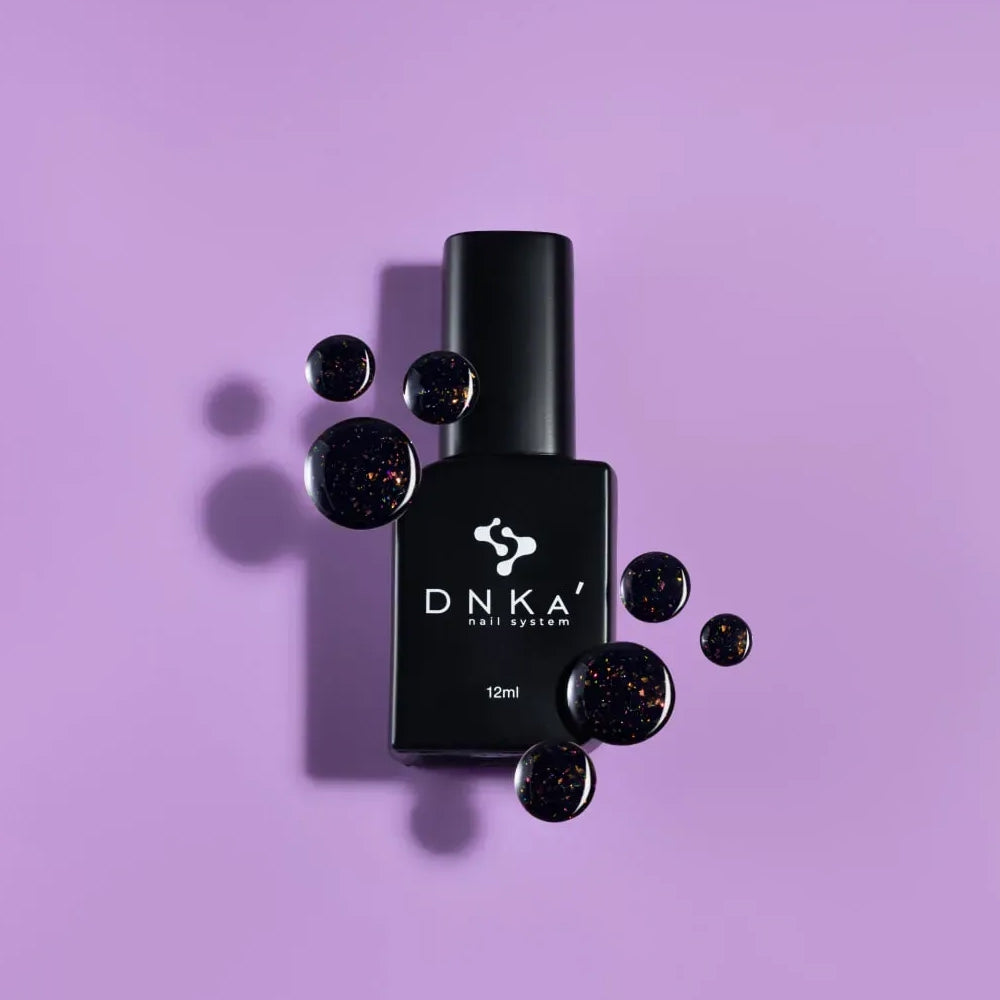 DNKa Cover Base #0096 Black Dress — open bottle with brush, black gel with leaf flecks