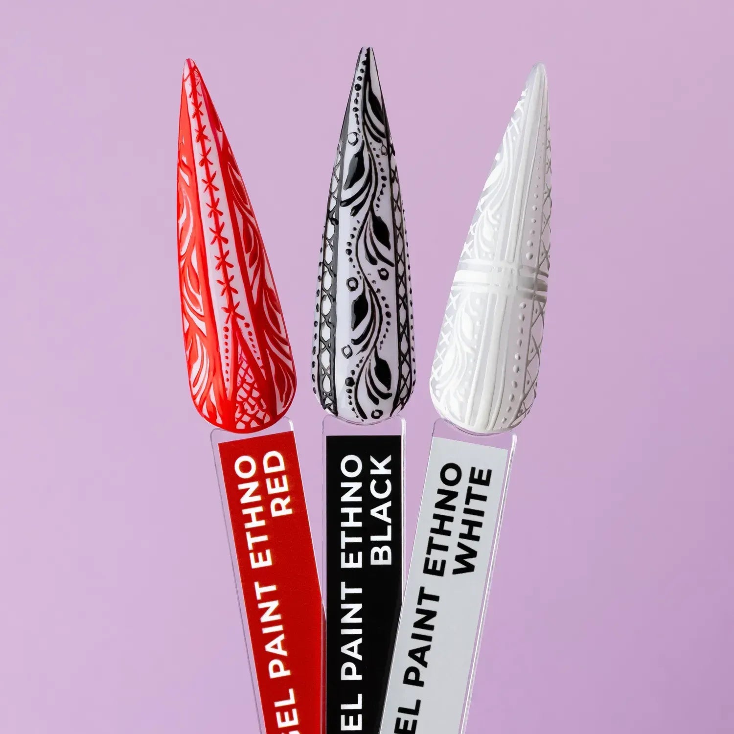 5ml — DNKa Gel Paint Ethno White — single nail close-up, painted pattern detail