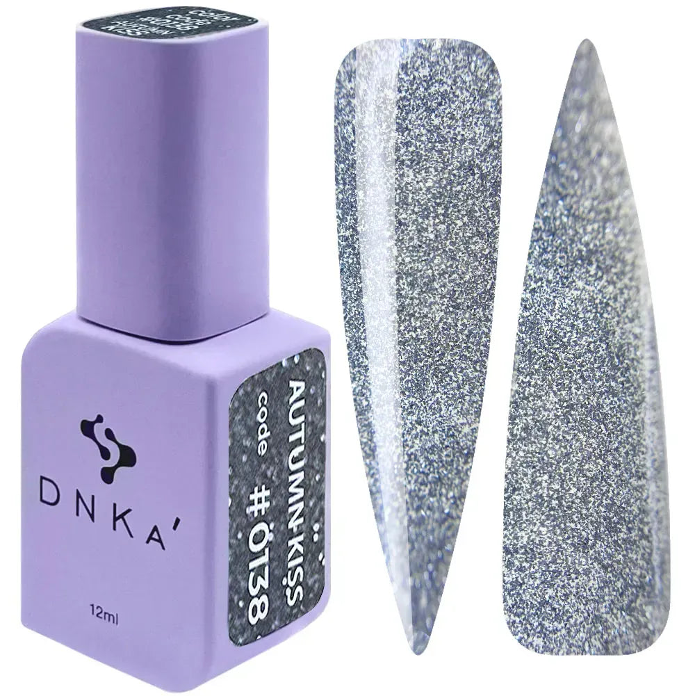 DNKa Gel Polish Color #0138 Autumn Kiss is a silver reflective translucent shade, 12ml