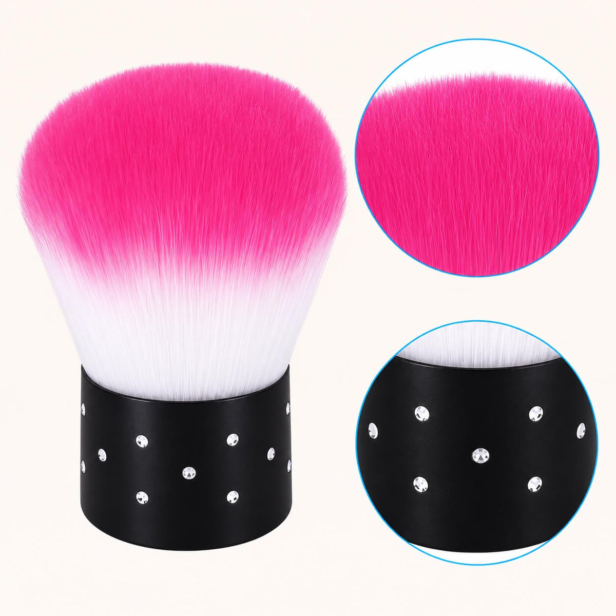 Soft rounded nail dust brush with a black metal handle and rhinestones