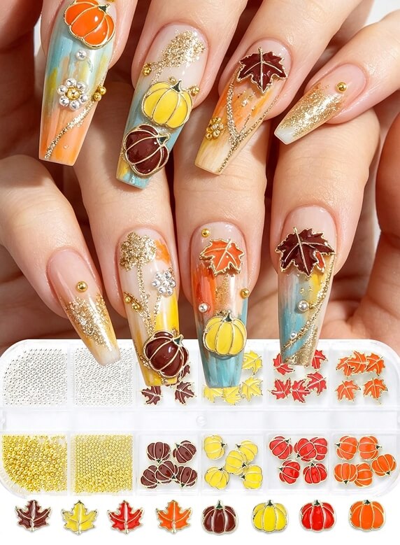 Pumpkin and leaf nail charms with gold and silver caviar beads