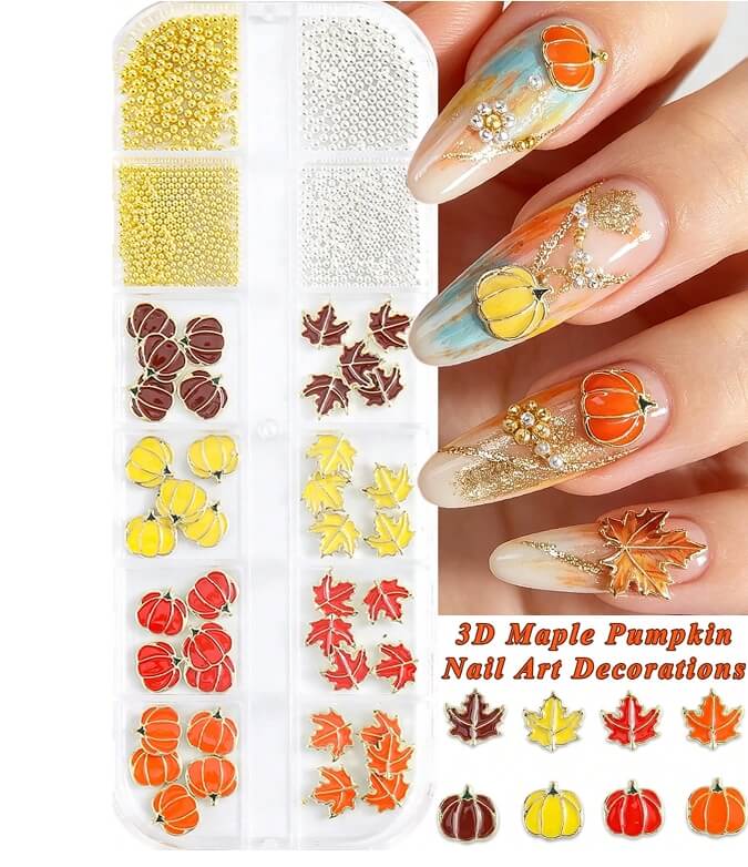 Autumn nail art decorations in red orange yellow and burgundy