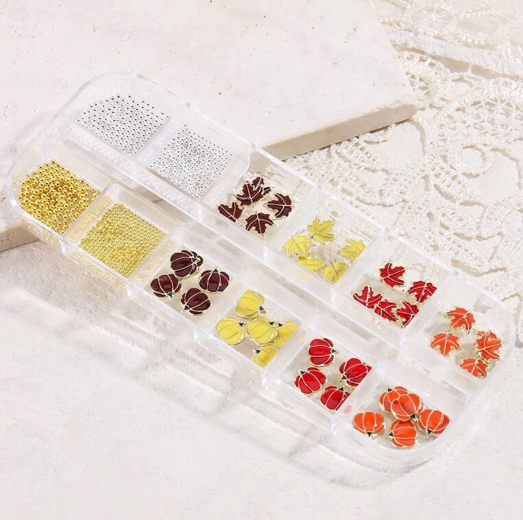 Fall nail art charms and caviar beads set with pumpkins and leaves