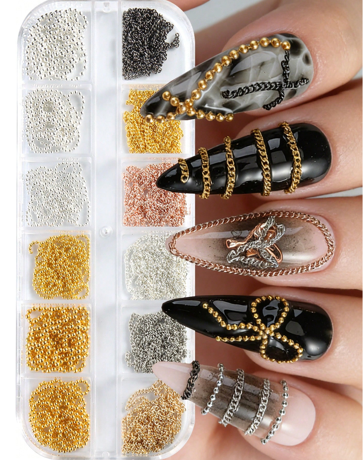 Gold & Silver Nail Chain Set (12 Grids) for Nail Techs