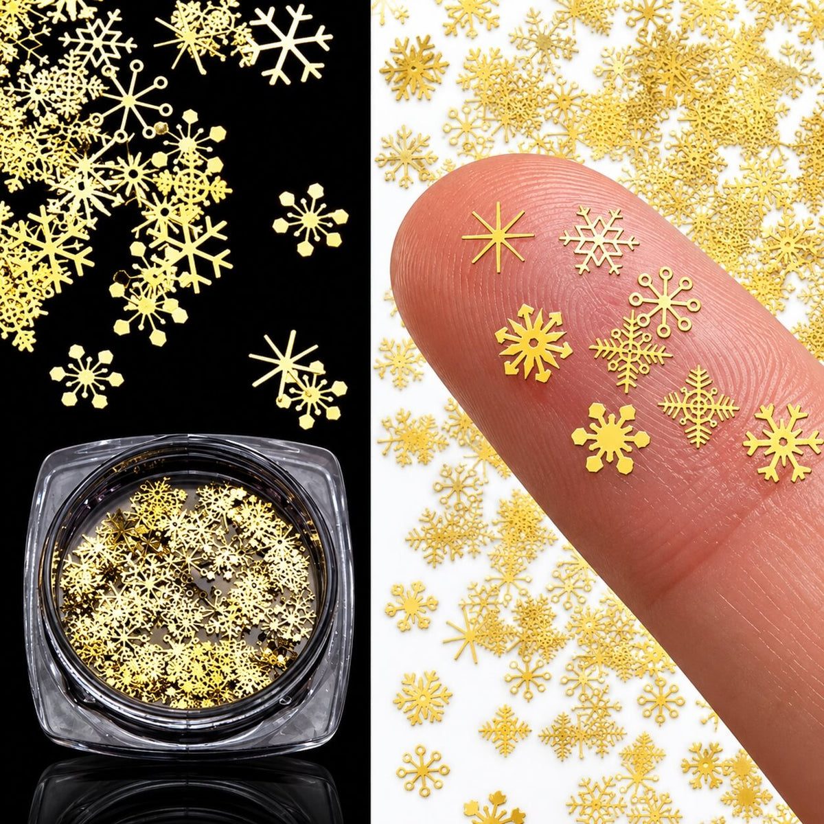 Thin metallic gold snowflakes with intricate patterns for gel and acrylic nails