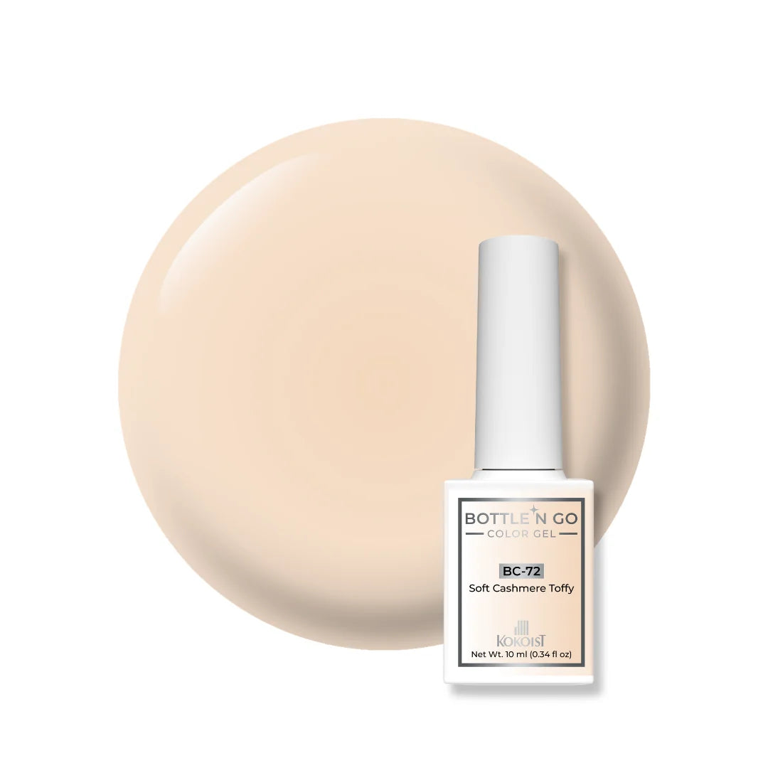 Kokoist Bottle 'N Go BC-72 Soft Cashmere Toffy — swatch on nail tip, translucent beige finish