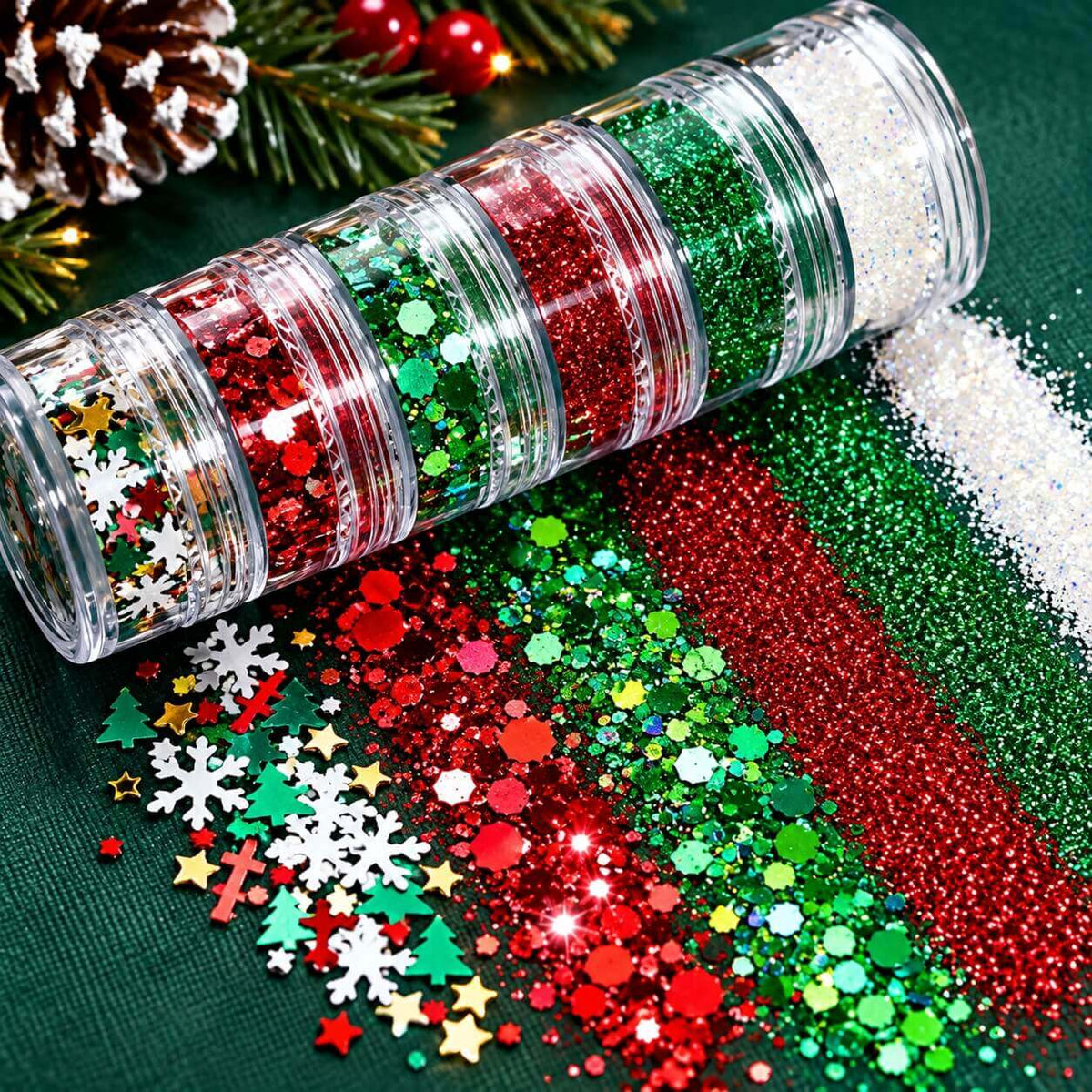 Six-piece Christmas nail glitter collection with sparkling sequins and holiday shapes