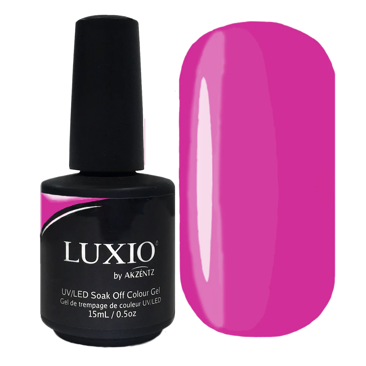 15ml — Luxio Chi-Chi Gel Polish — swatch on nail tip, vivid fuchsia finish