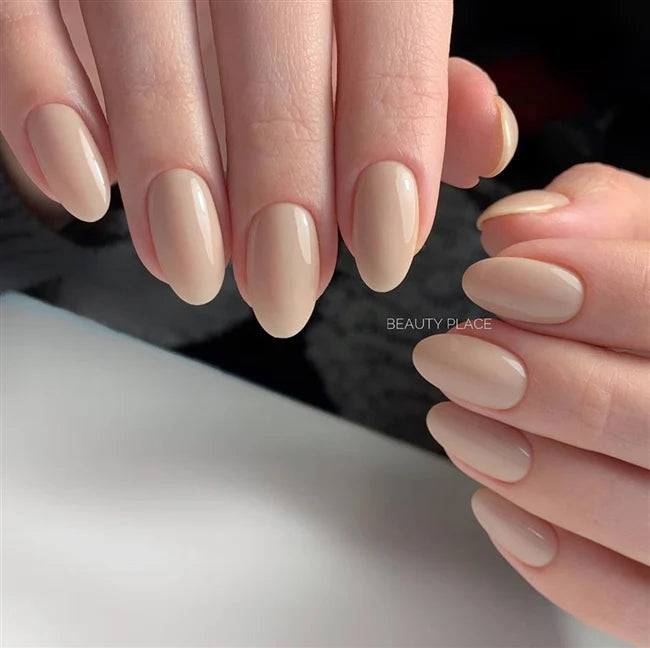 Luxio Cremelle Gel Polish — open bottle with brush, beige gel